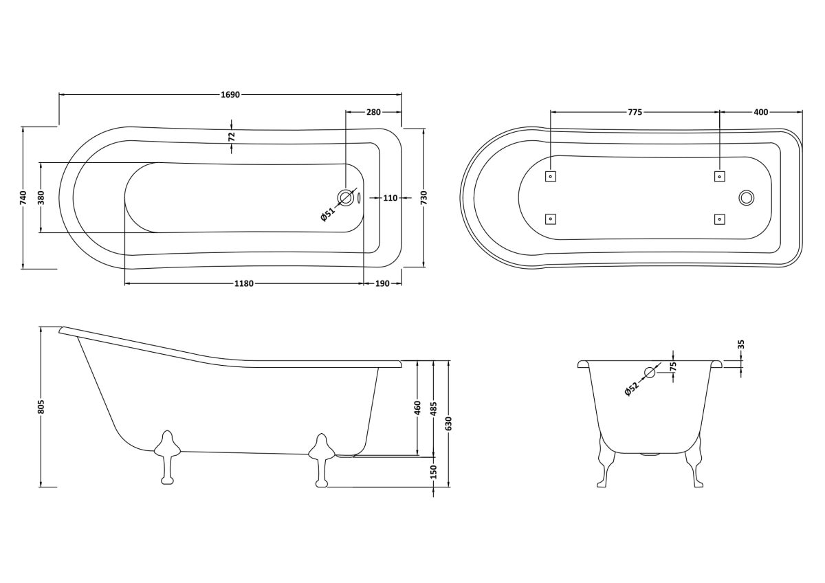 Freestanding Bath - Corbel Leg Set (1700mm) - Image 4