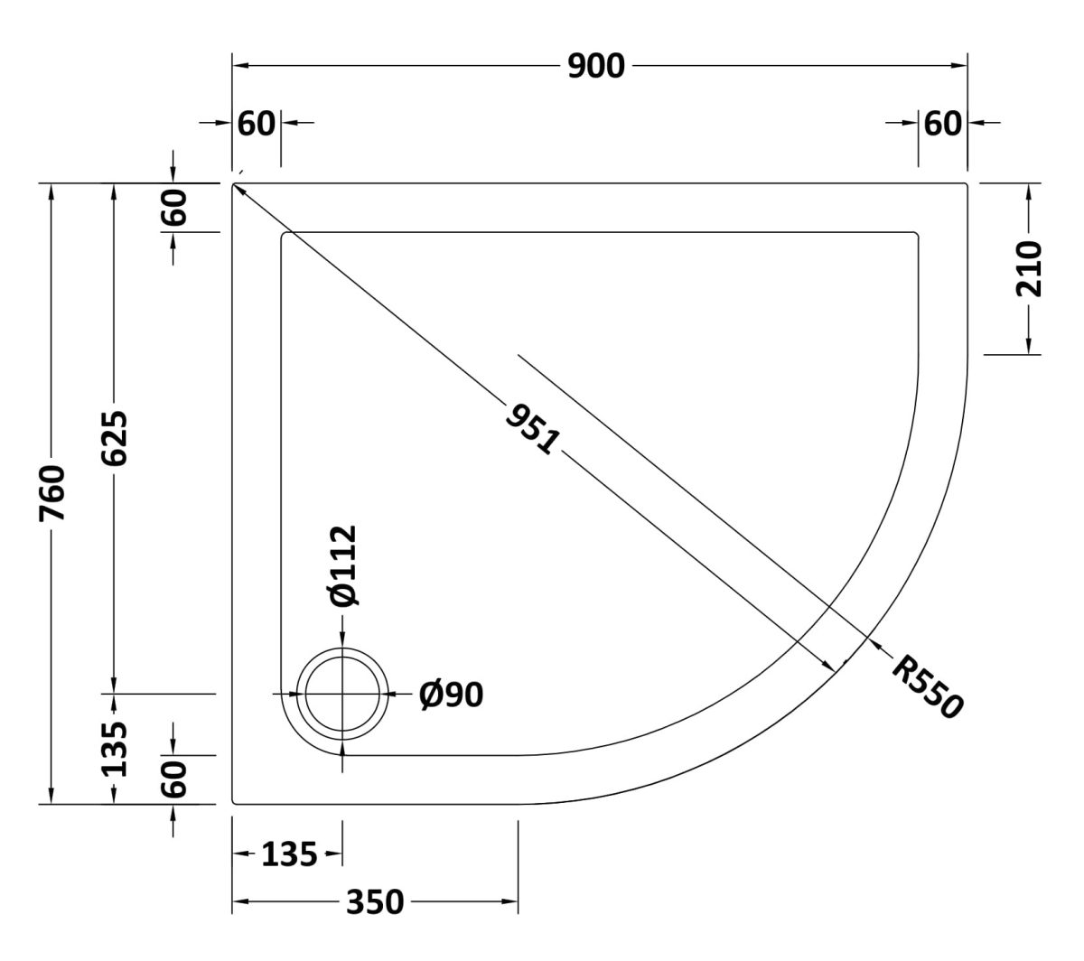 Offset Quadrant Shower Tray RH 900 x 760mm - Image 2
