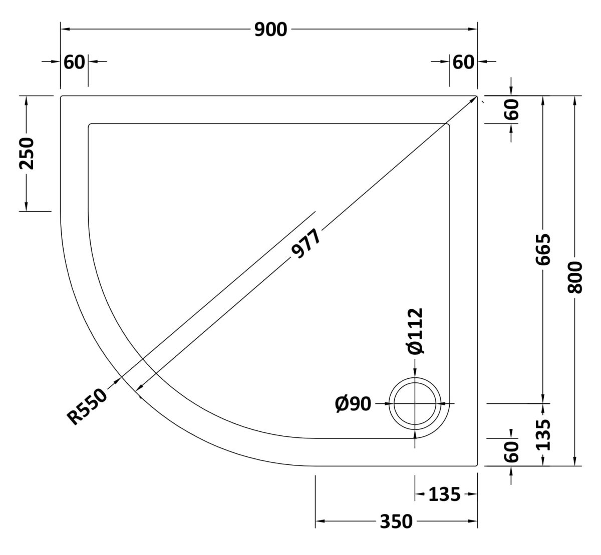 Offset Quadrant Shower Tray LH 900 x 800mm - Image 2
