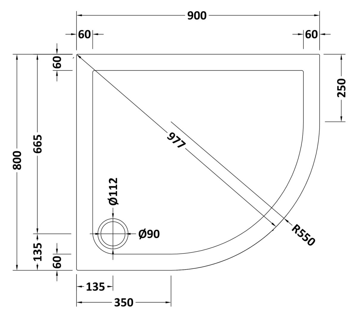 Offset Quadrant Shower Tray RH 900 x 800mm - Image 2