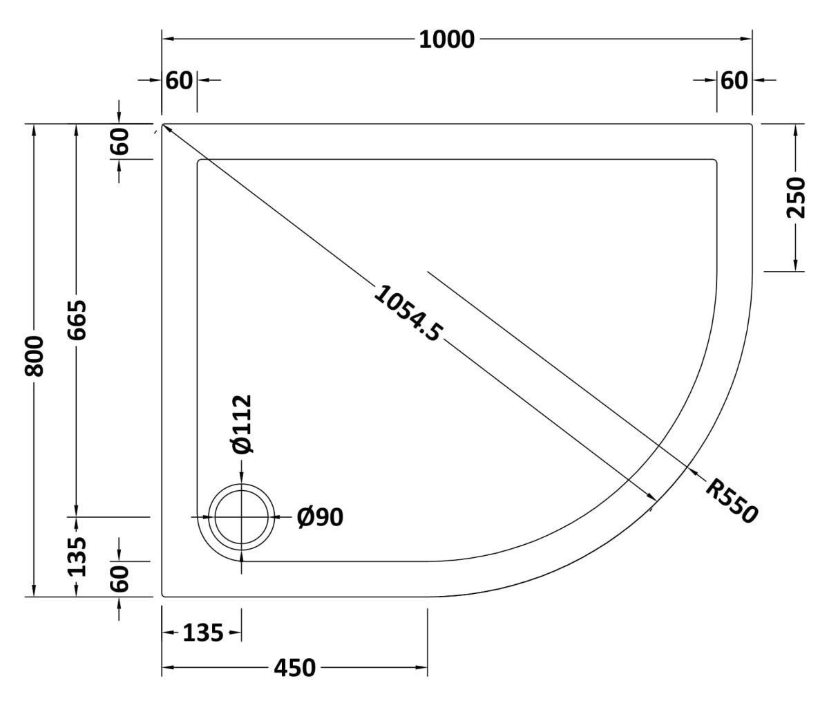 Offset Quadrant Shower Tray RH 1000 x 800mm - Image 2
