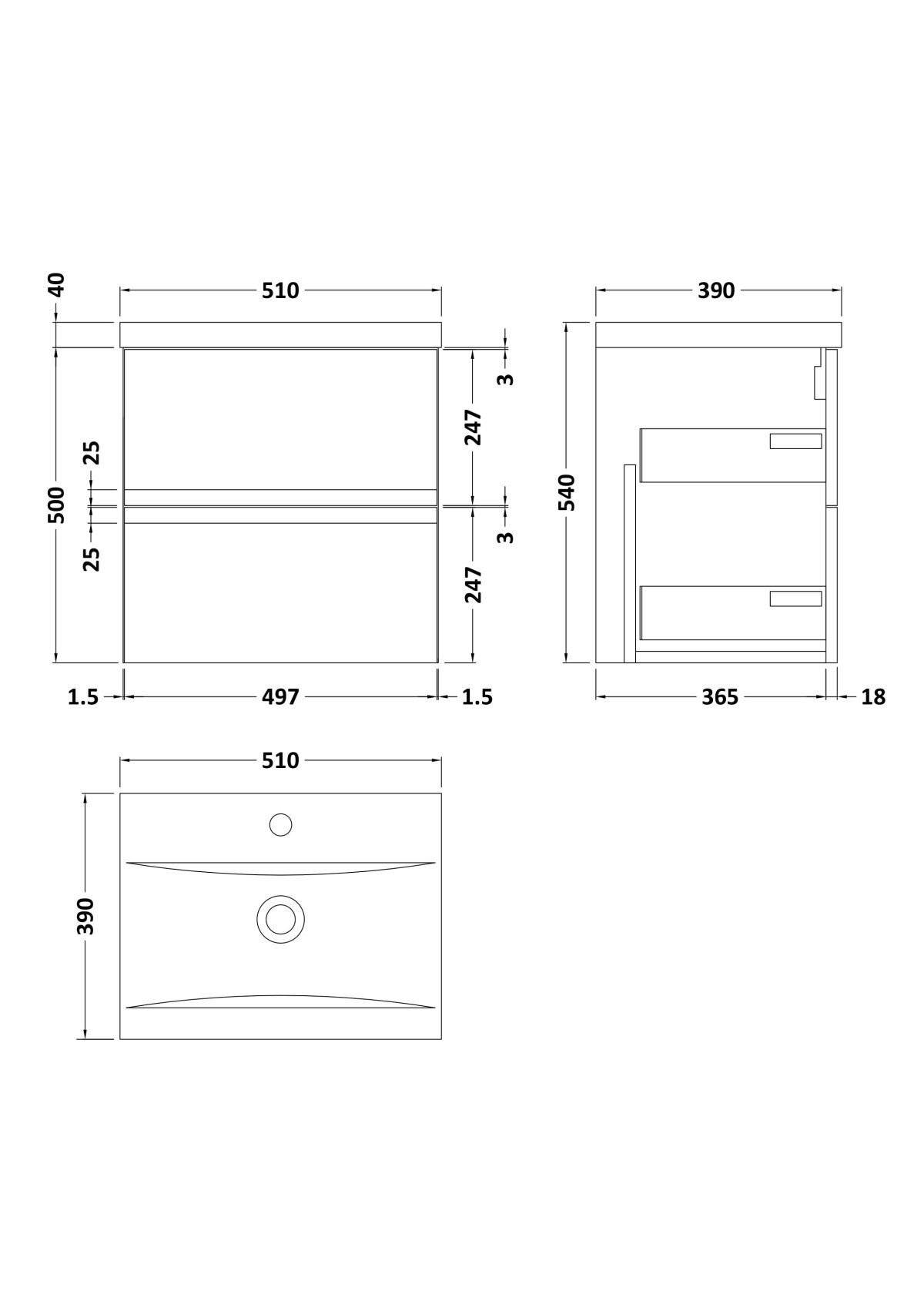500mm Wall Hung 2-Drawer Vanity Unit & Basin 1 - Image 3
