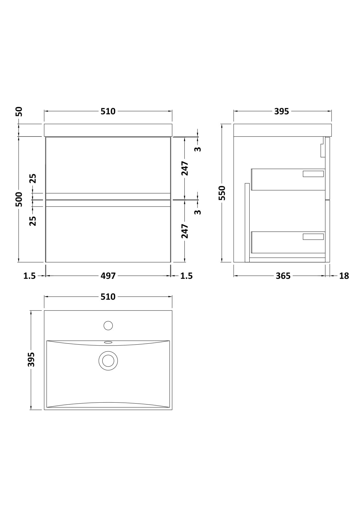 500mm Wall Hung 2-Drawer Vanity Unit & Basin 3 - Image 3