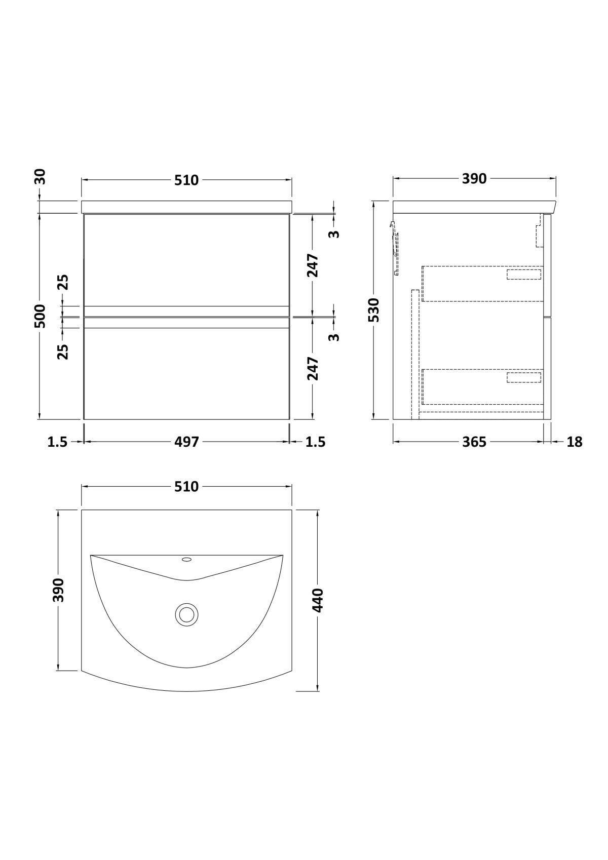 500mm Wall Hung 2 Drawer Vanity Unit & Basin 4 - Image 3