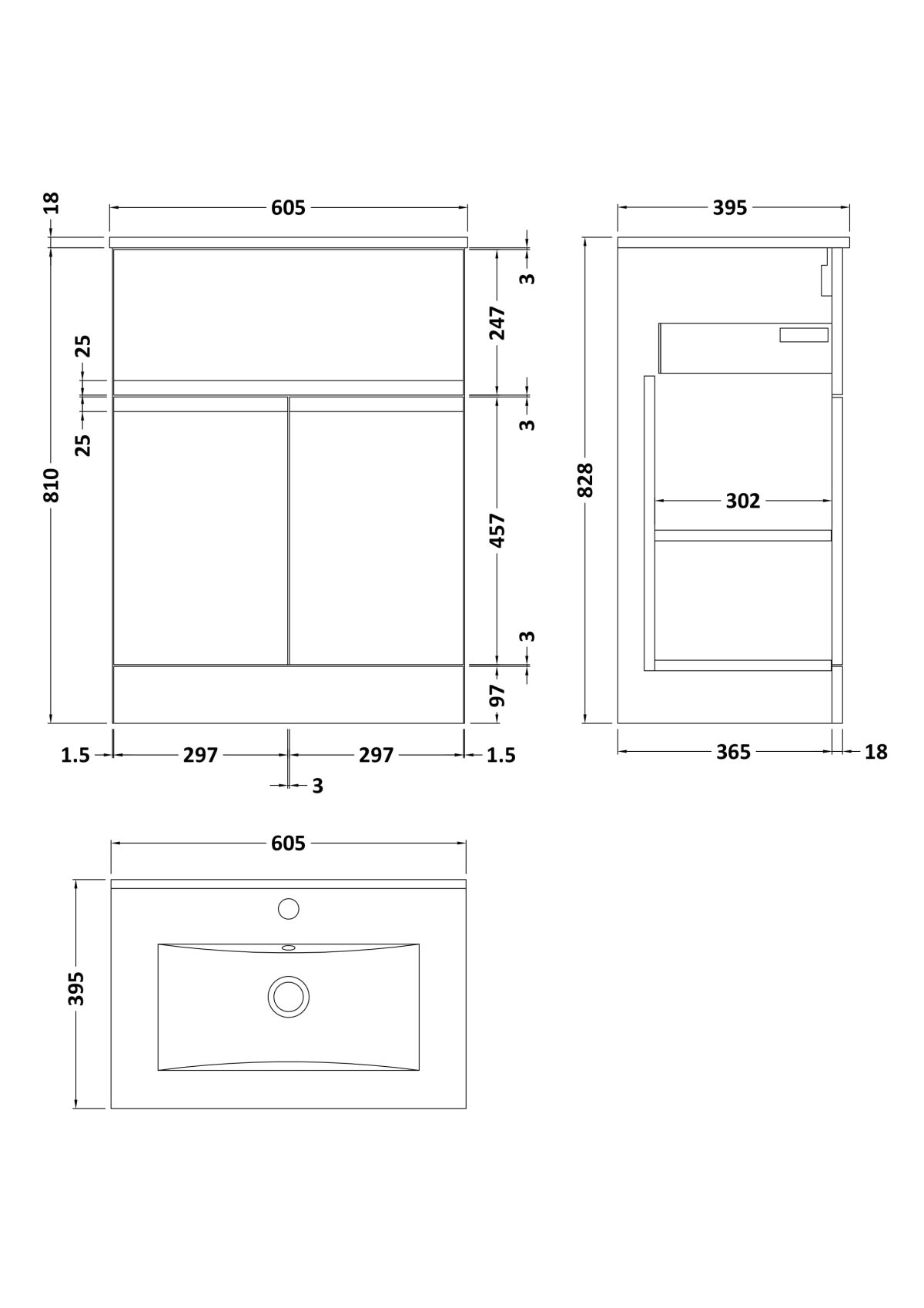 600mm Floor Standing 2-Door/Drawer Vanity Unit & Basin 2 - Image 3