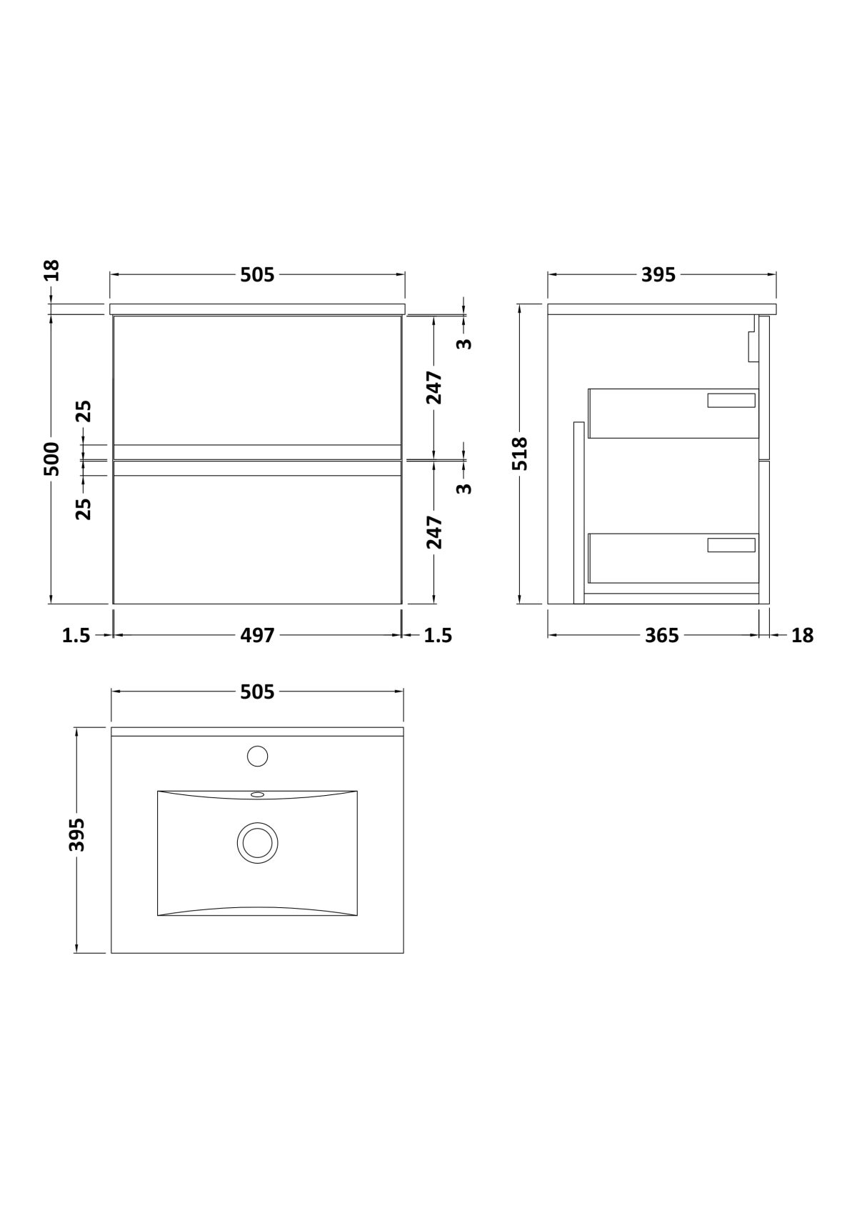 500mm Wall Hung 2 Drawer Vanity & Basin 2 - Image 3