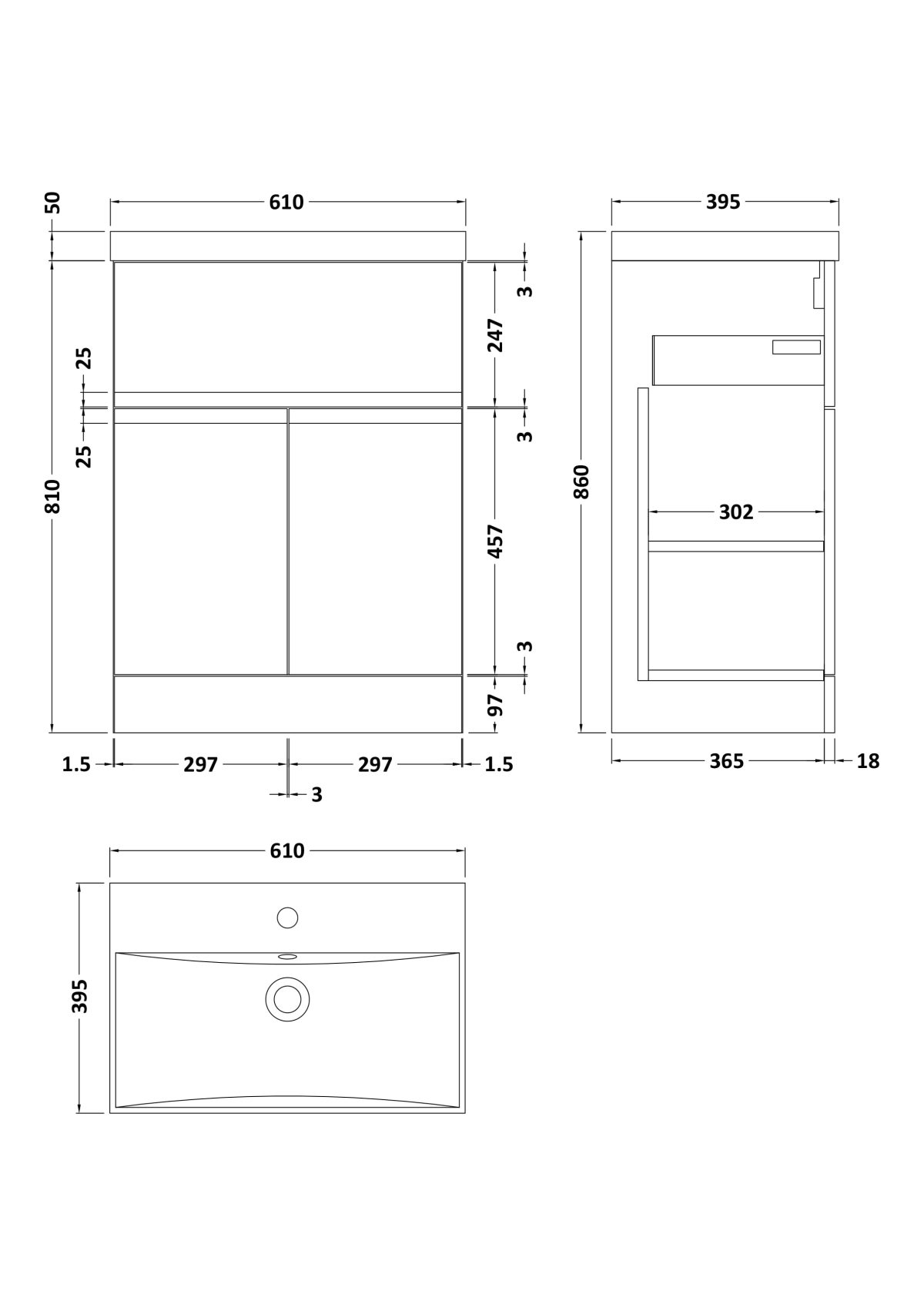 600mm Floor Standing 2 Door/Drawer Vanity & Basin 3 - Image 3