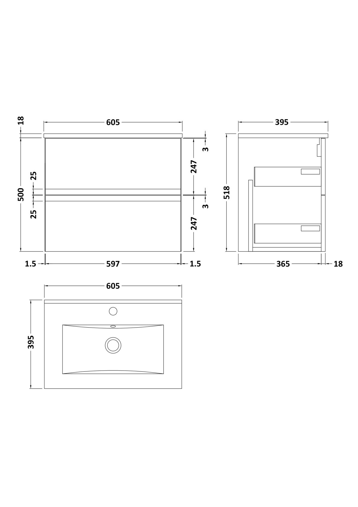 600mm Wall Hung 2 Drawer Vanity & Basin 2 - Image 3