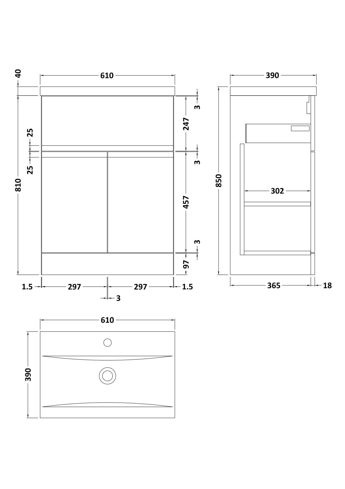 600mm Floor Standing 2-Door/Drawer Vanity Unit & Basin 1 - Image 3