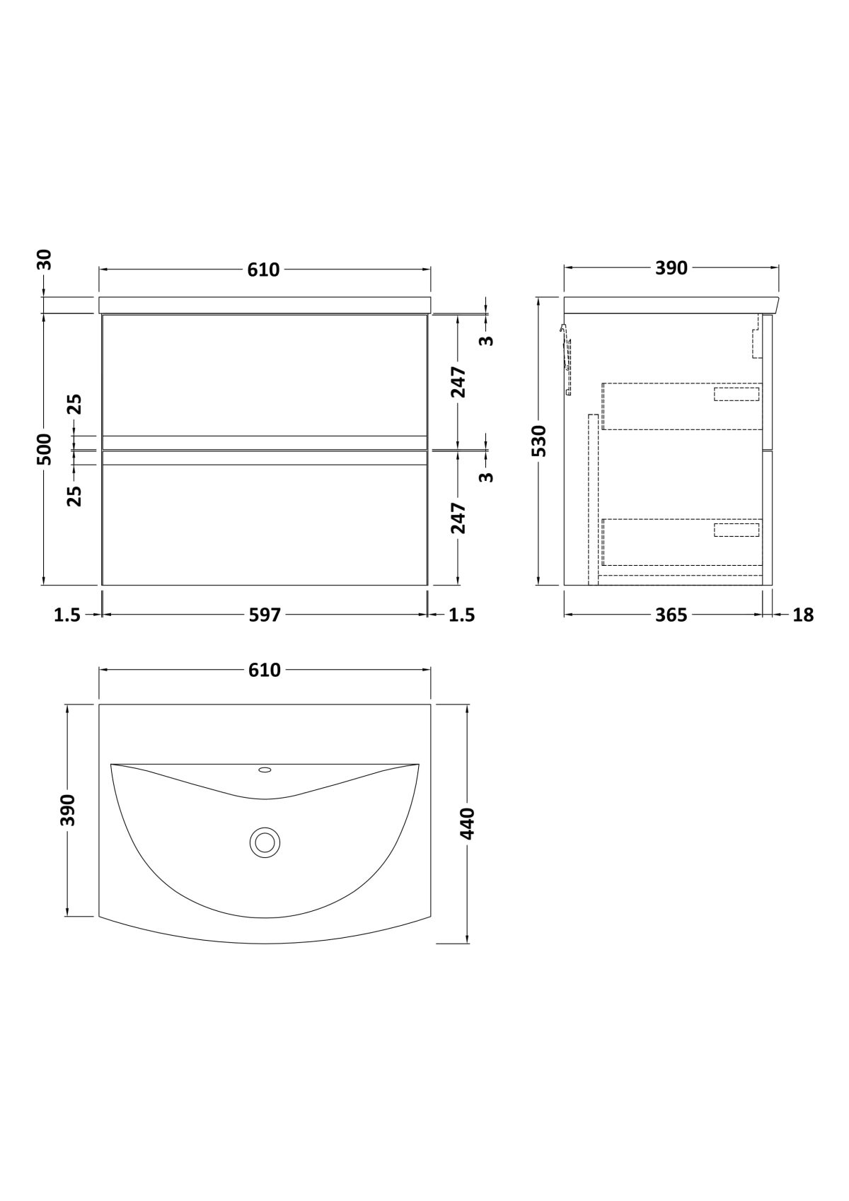 600mm Wall Hung 2 Drawer Vanity Unit & Basin 4 - Image 4