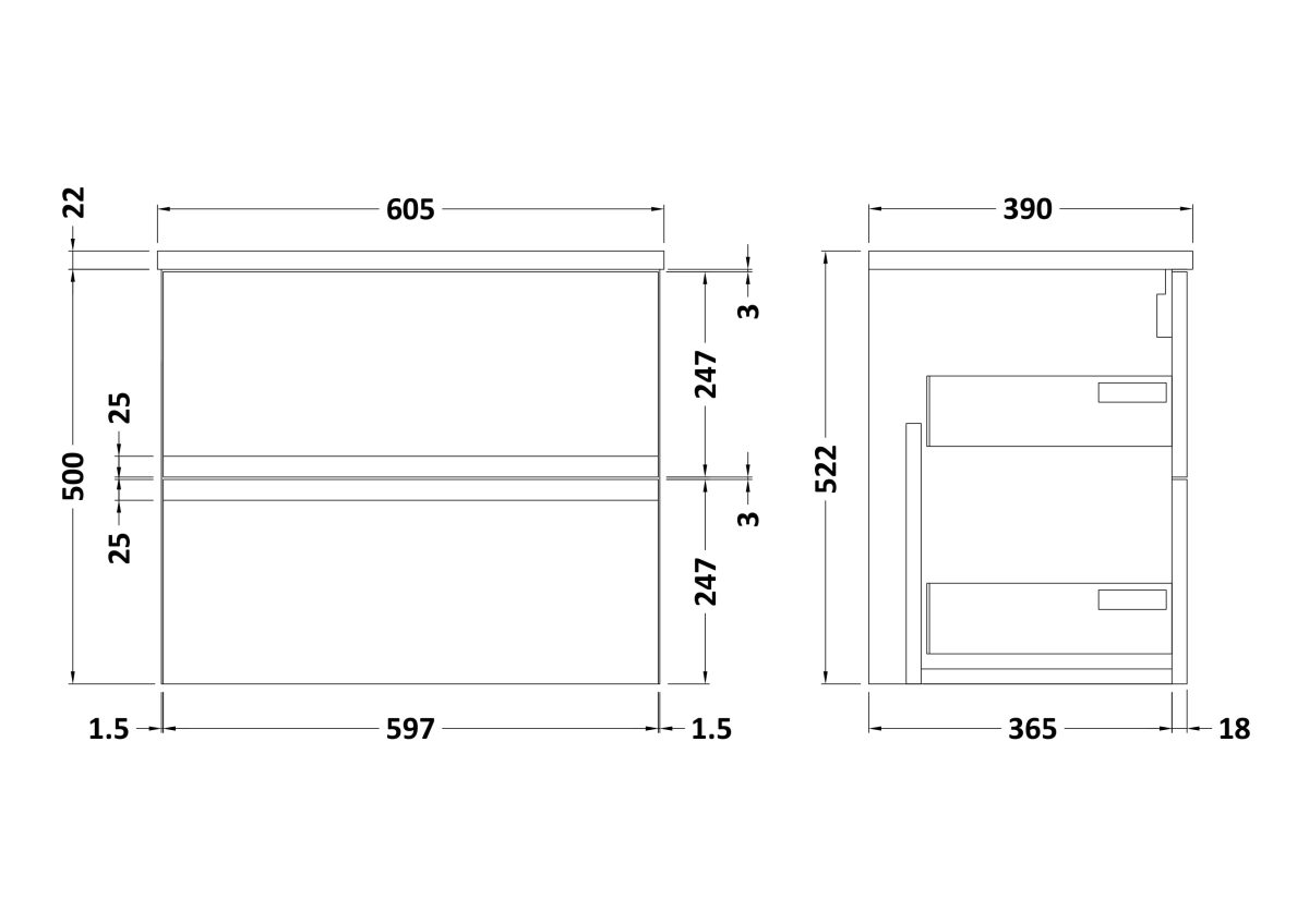 600mm Wall Hung 2-Drawer Unit & Laminate Worktop - Image 2