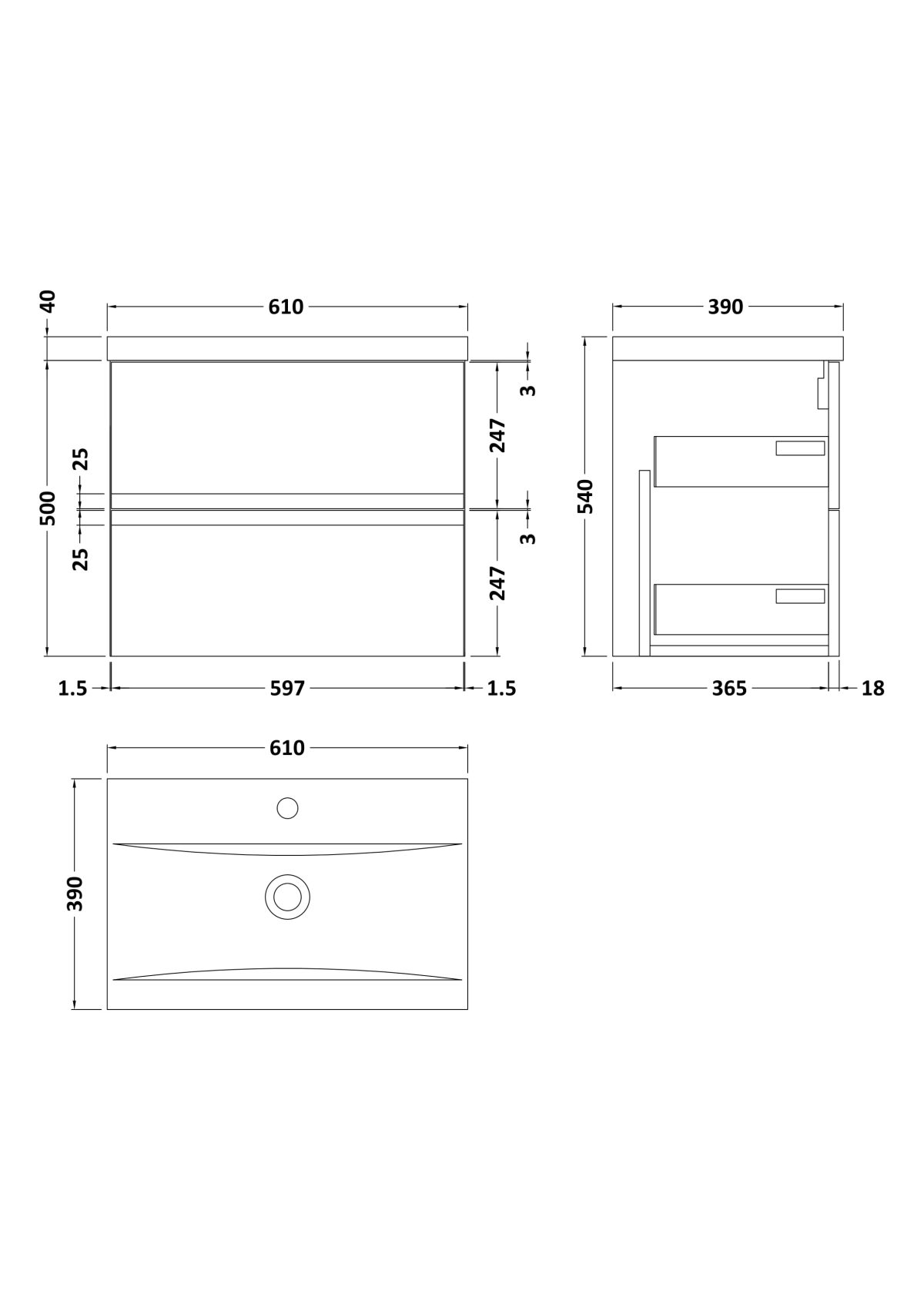 600mm Wall Hung 2 Drawer Unit & Basin 1 - Image 3
