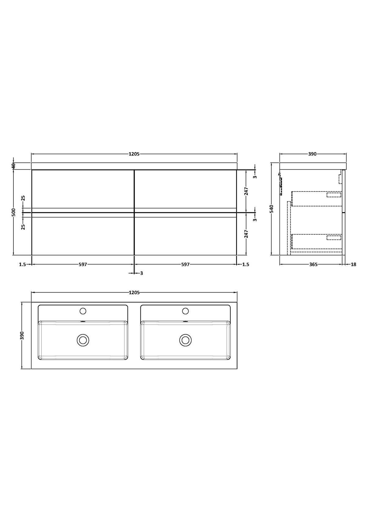 1200 Wall Hung 4 Drawer Vanity & Double Basin - Image 3