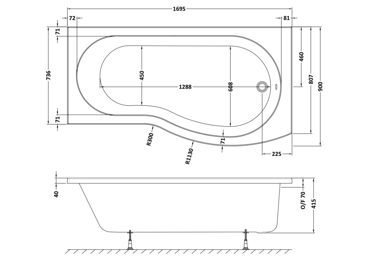 1700mm Right Hand B-Shaped Bath - Image 3