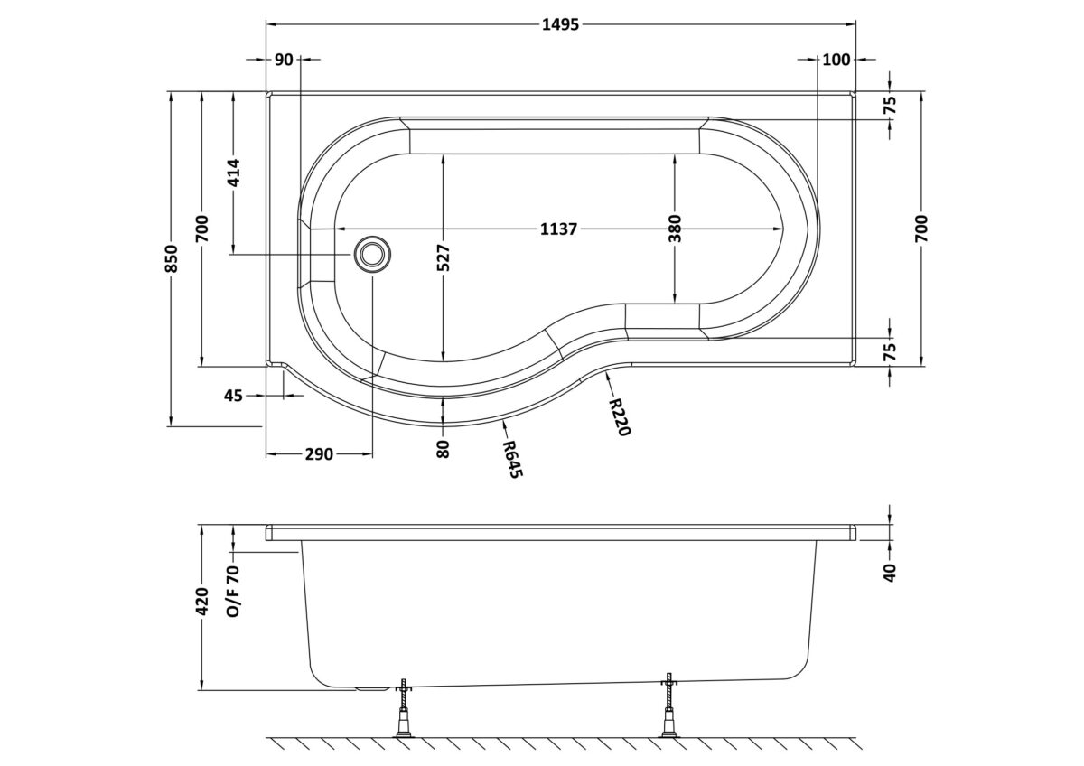 1500mm Left Hand P-Shaped Bath - Image 3