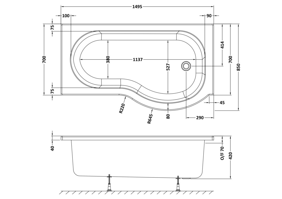 1500mm Right Hand P-Shaped Bath - Image 3