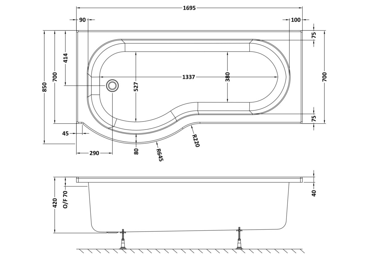1700mm Left Hand P-Shaped Bath - Image 3
