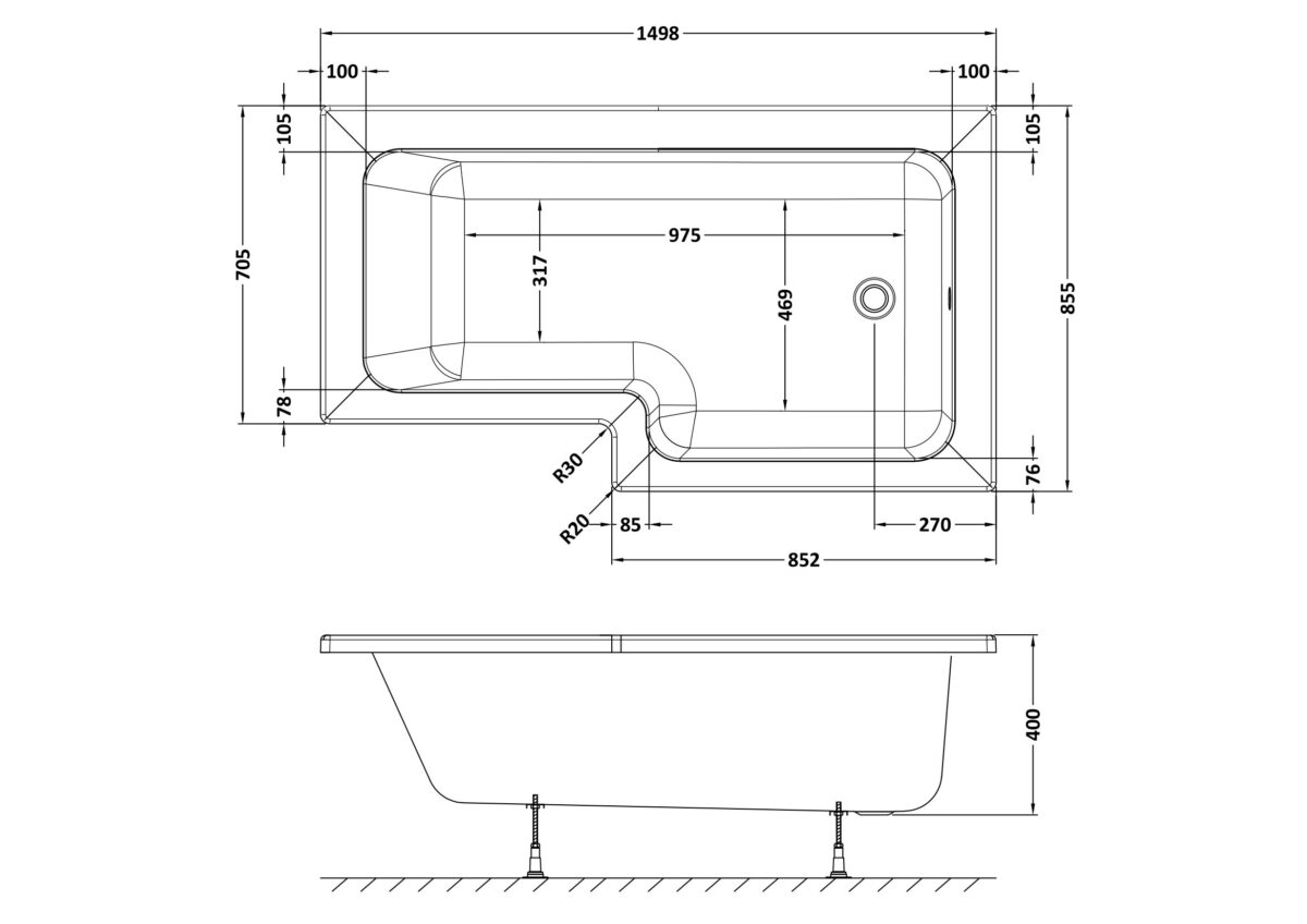 1500mm Right Hand Square Shower Bath - Image 2