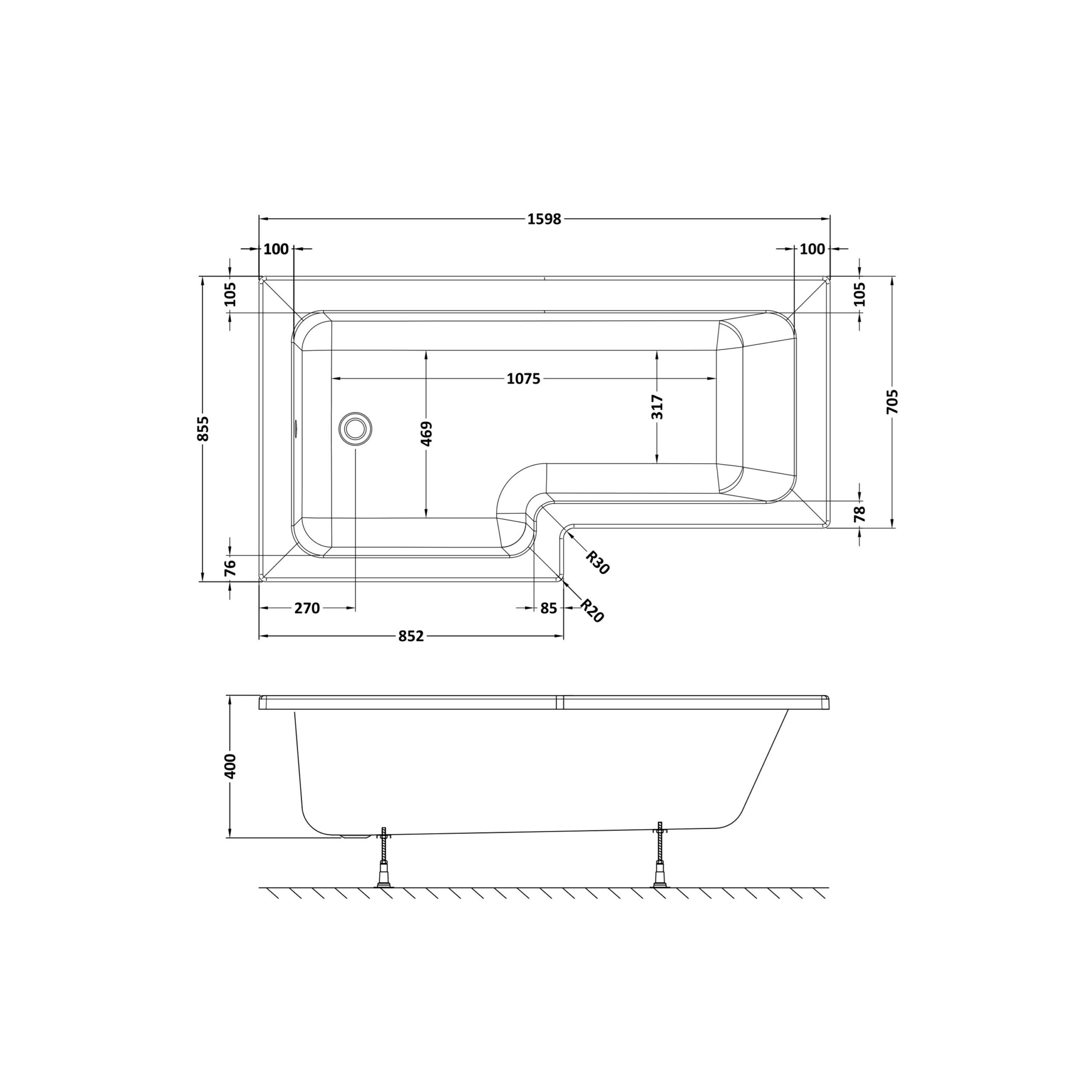 wbs1685l_baths_v3_ld.jpg 1600mm Left Hand Square Shower Bath - Image 2