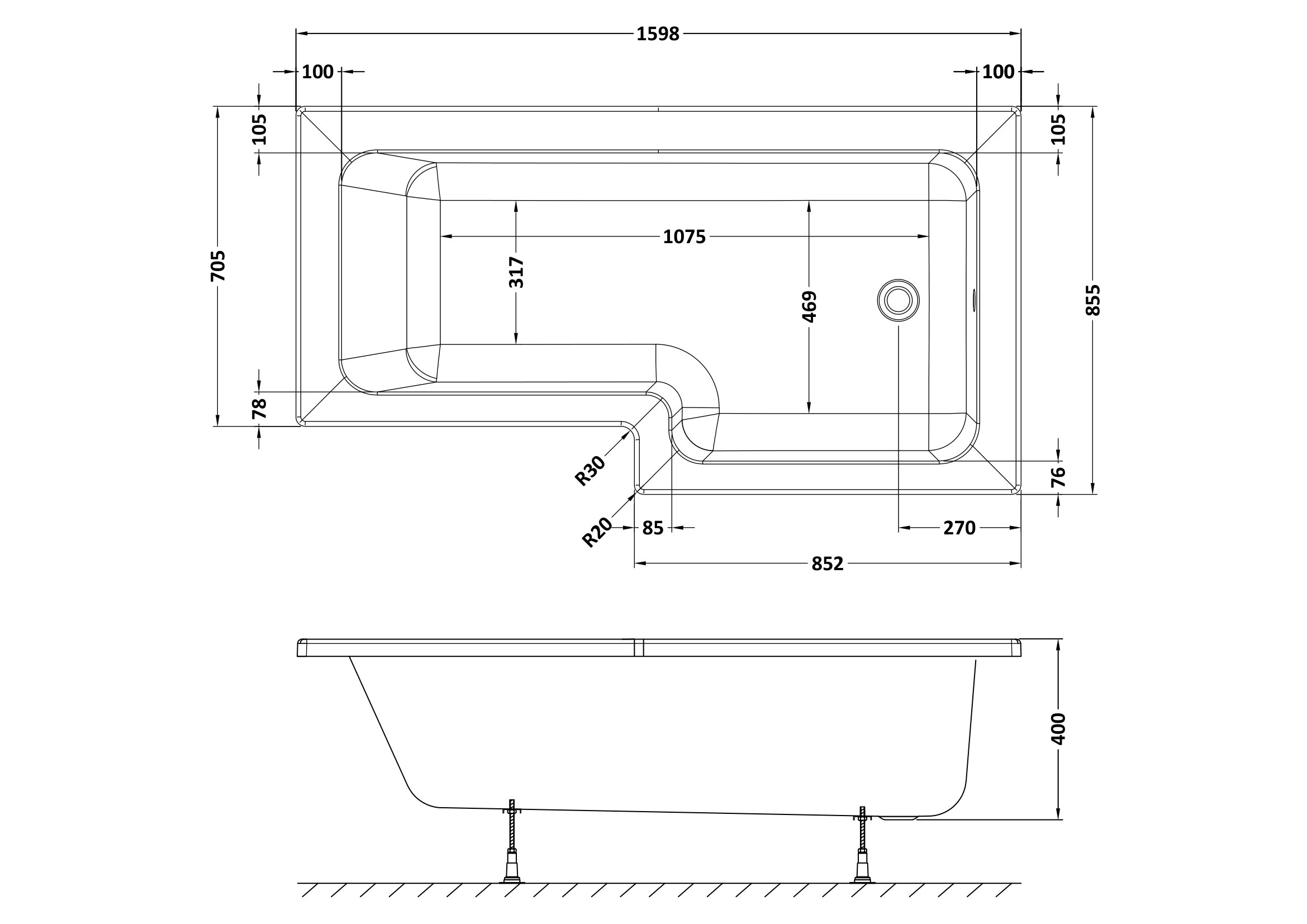wbs1685r_baths_v3_ld.jpg 1600mm Right Hand Square Shower Bath - Image 2