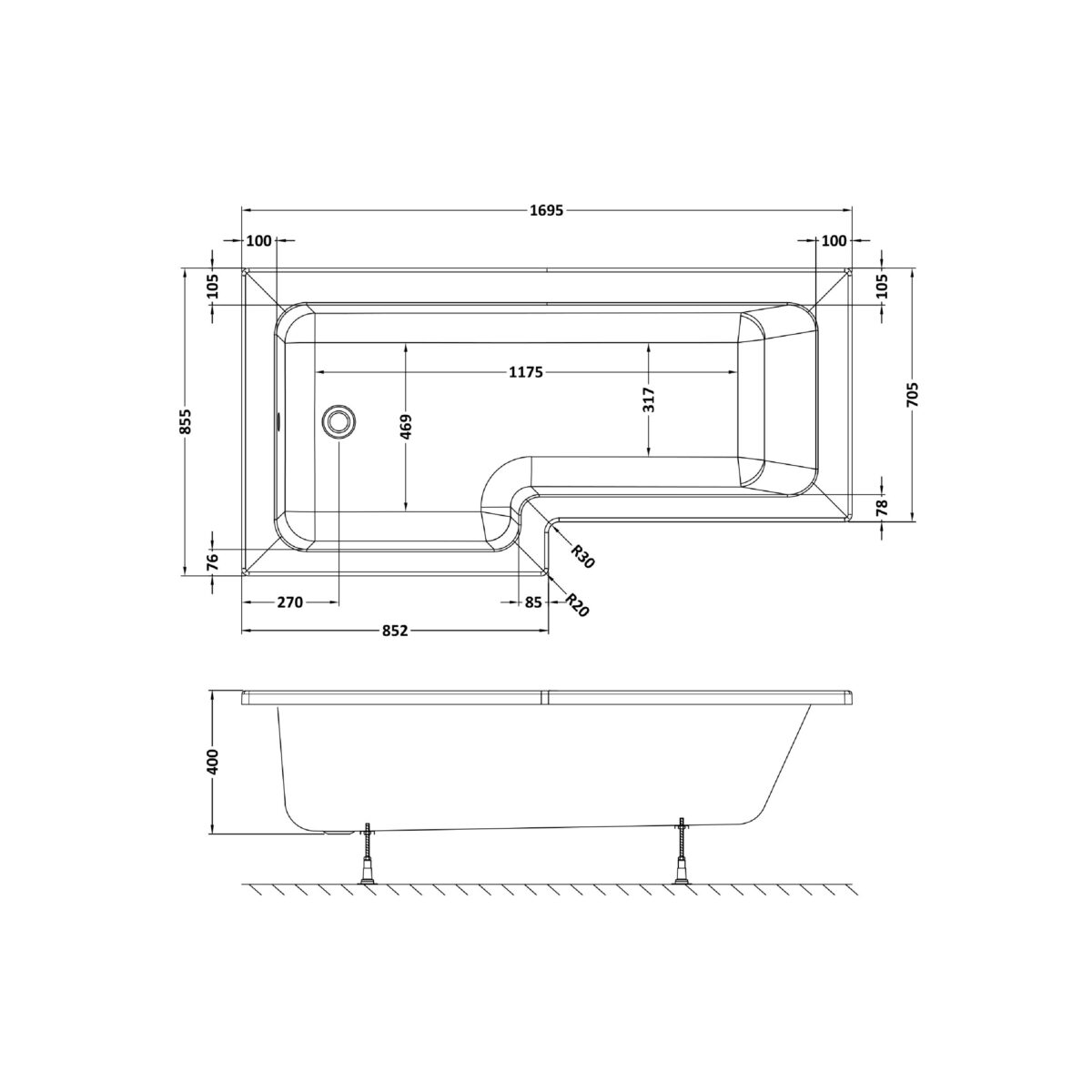 1700mm Left Hand Square Shower Bath - Image 2