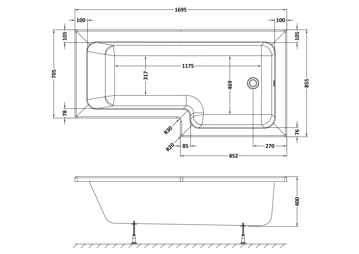 1700mm Right Hand Square Shower Bath - Image 2