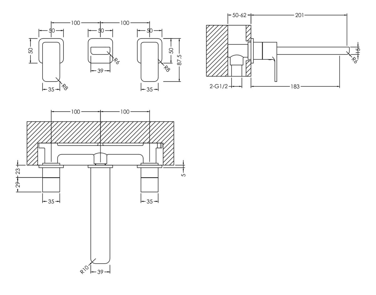 Wall Mounted 3 Tap Hole Basin Mixer - Image 2