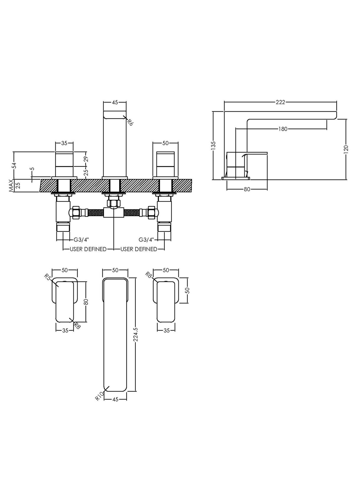 Deck Mounted 3 Tap Hole Bath Filler - Image 2