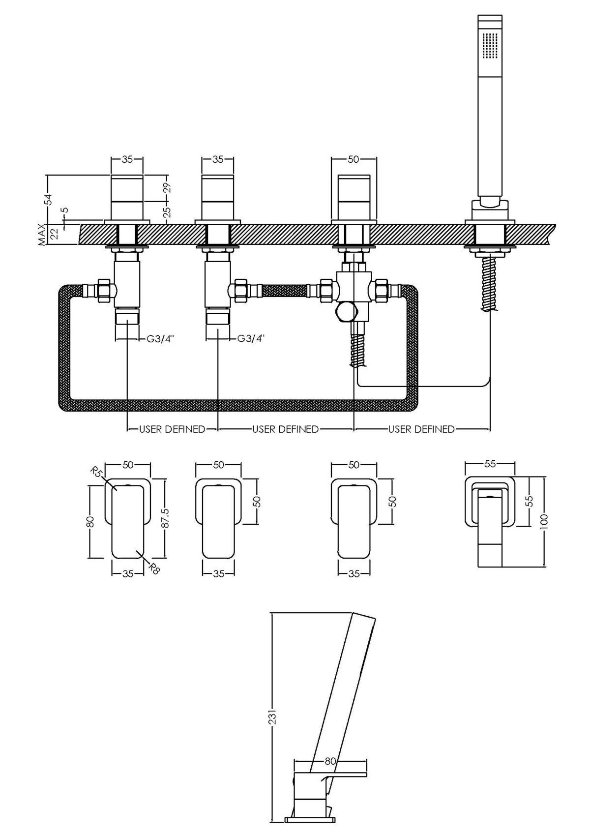 Deck Mounted 4 Tap Hole Bath Shower Mixer No Spout - Image 2