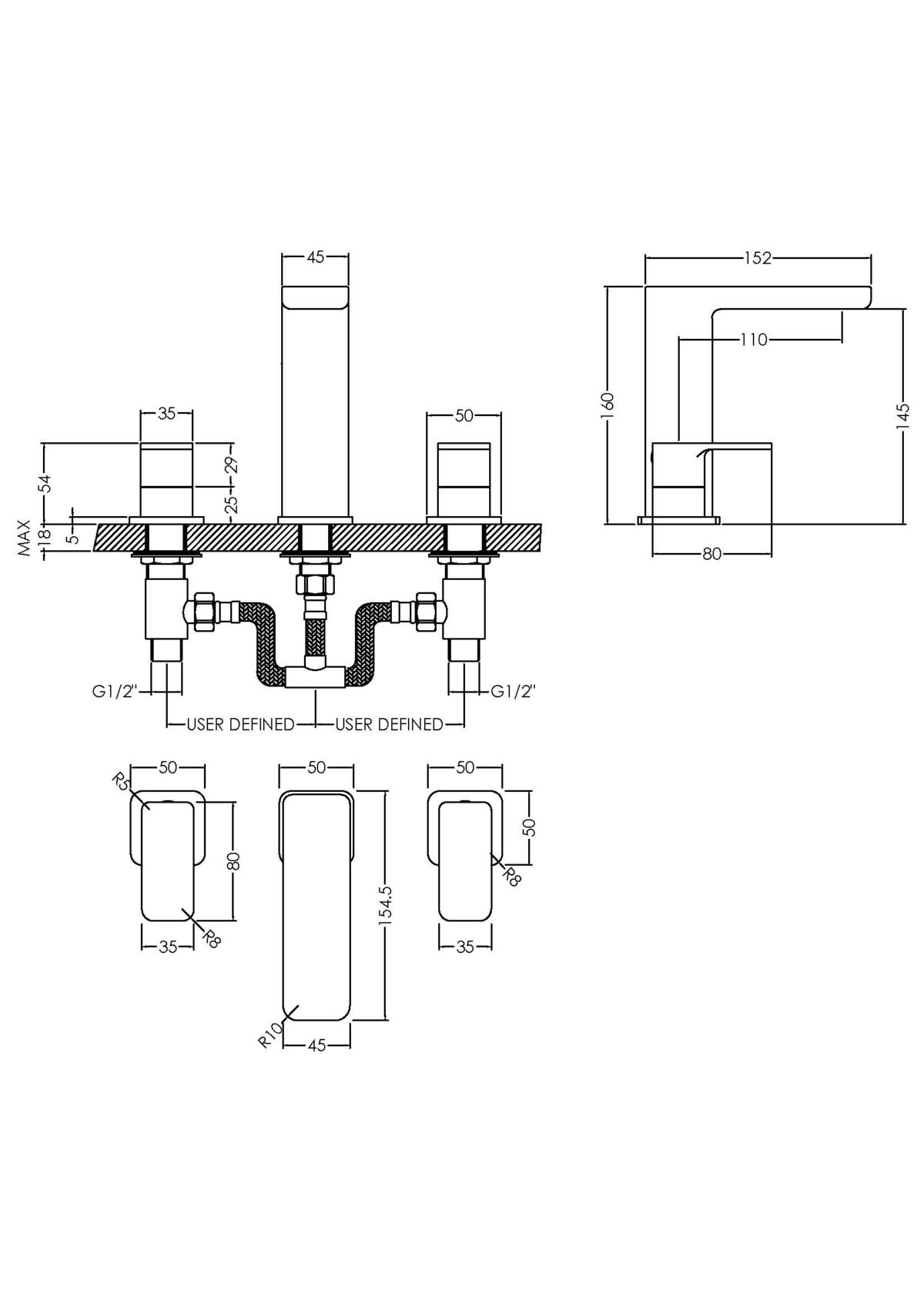 Deck Mounted 3 Tap Hole Basin Mixer With Pop Up Waste - Image 2