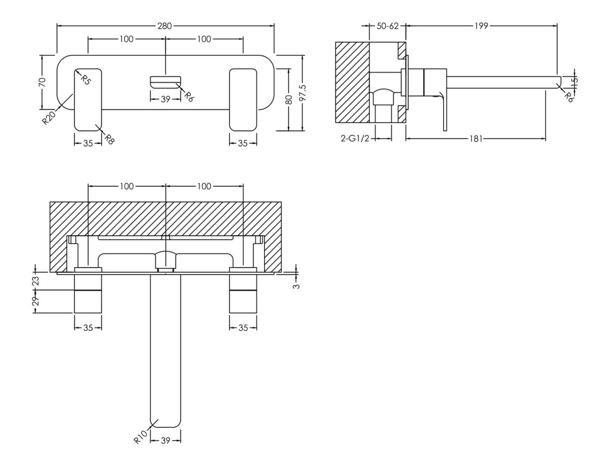 Wall Mounted 3 Tap Hole Basin Mixer With Plate - Image 2