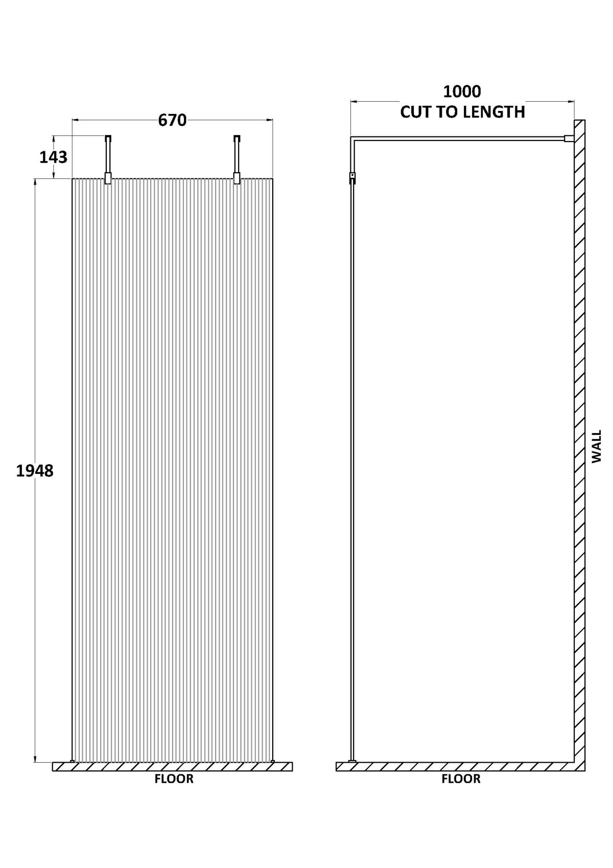 800mm Fluted Wetroom Scren with Arms & Feet - Image 2