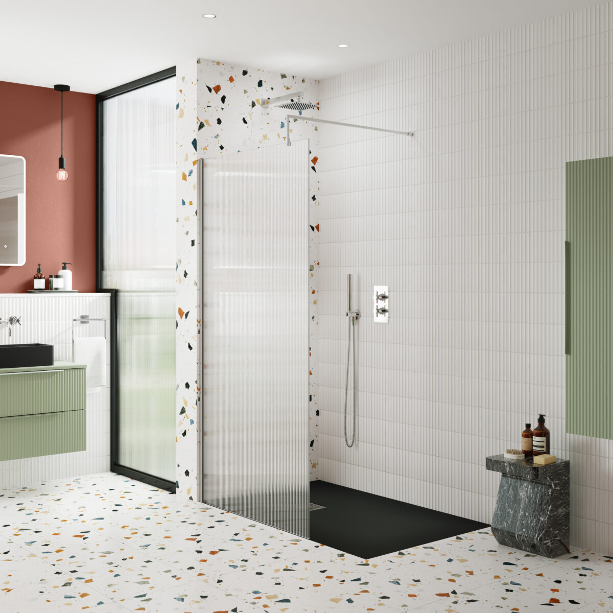 1000mm Fluted Wetroom Screen with Support Bar - Image 2