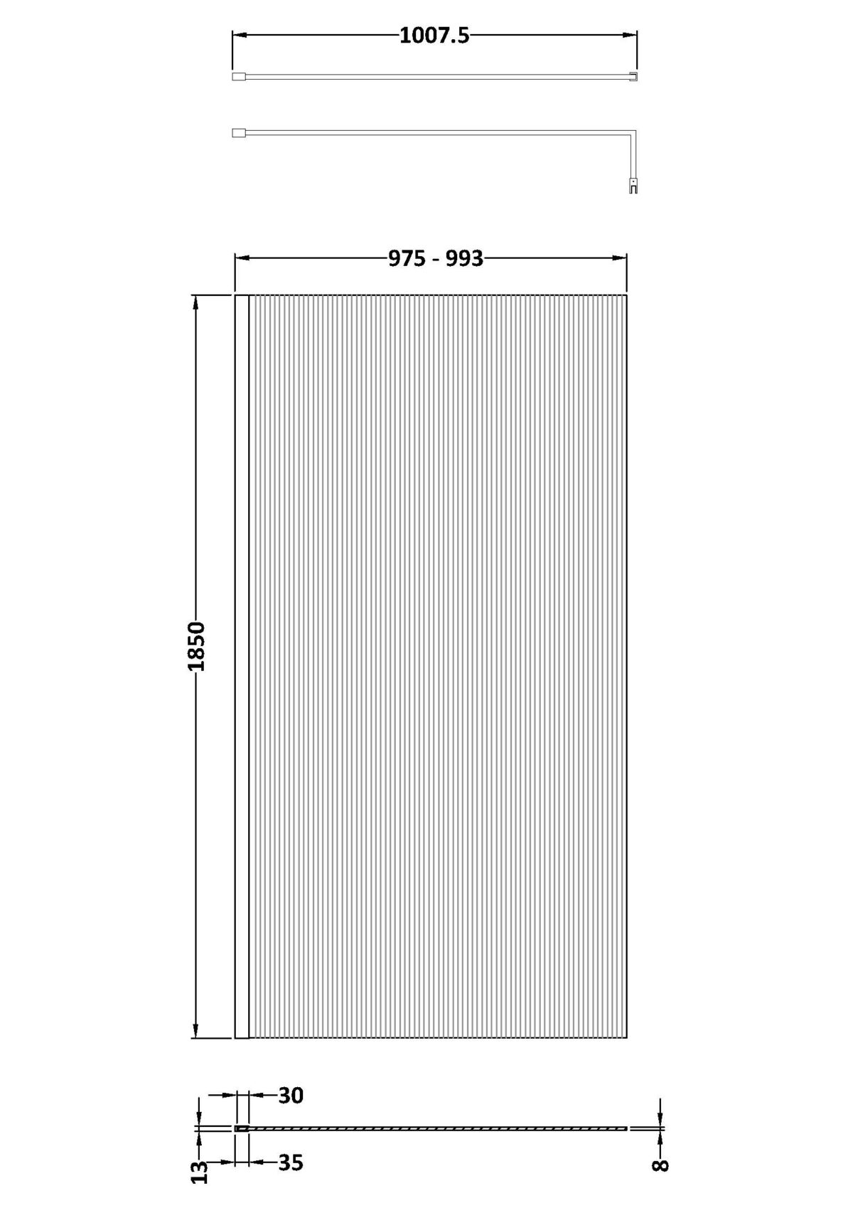 Fluted Wetroom Screen - 1850x1000mm - Brushed Pewter - Image 2