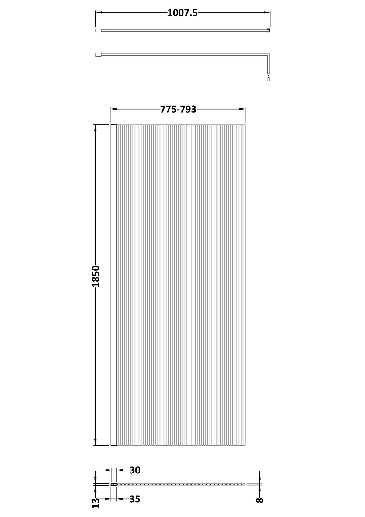 800mm Fluted Wetroom Screen with Support Bar - Image 4
