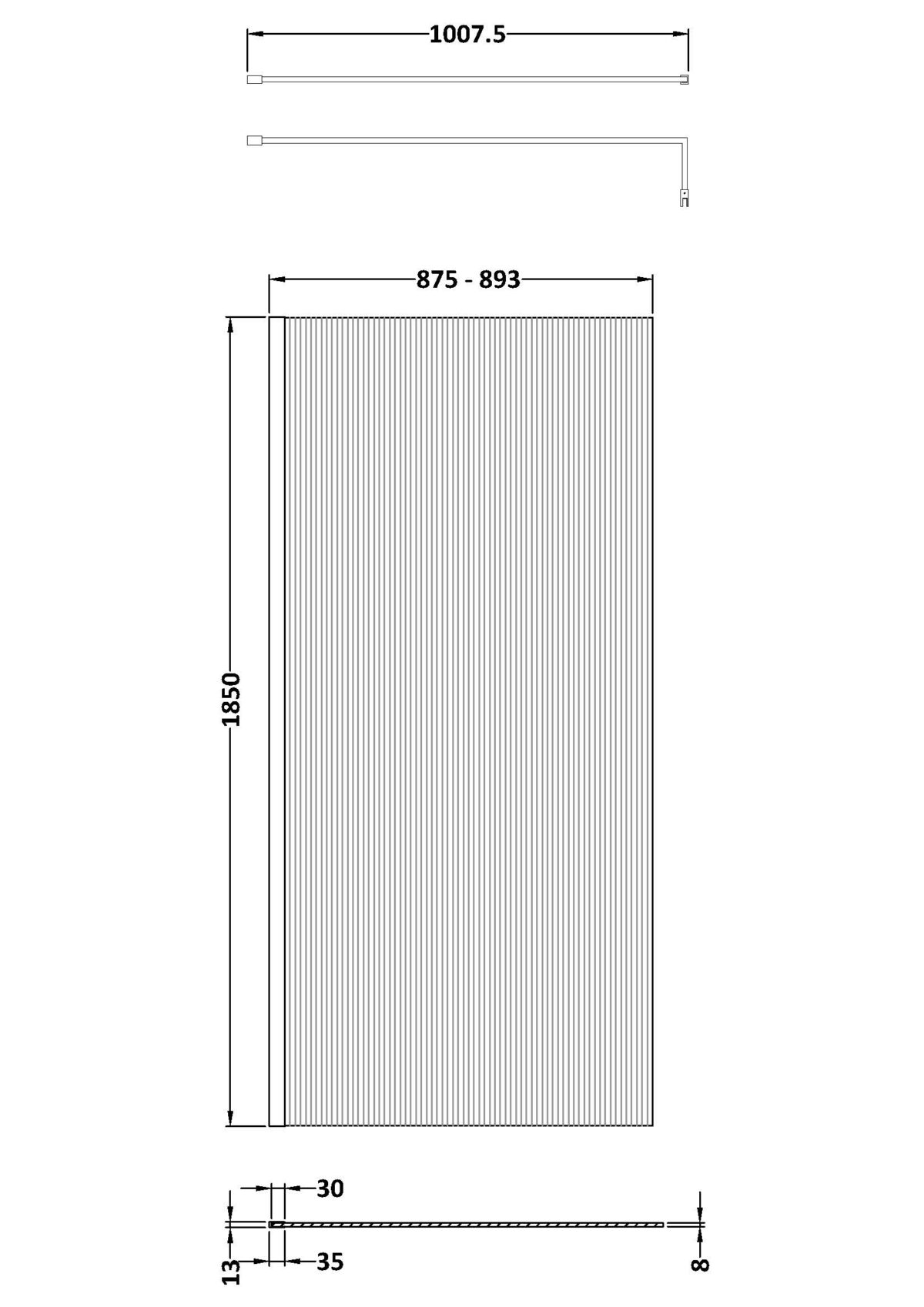 900mm Fluted Wetroom Screen with Support Bar - Image 4