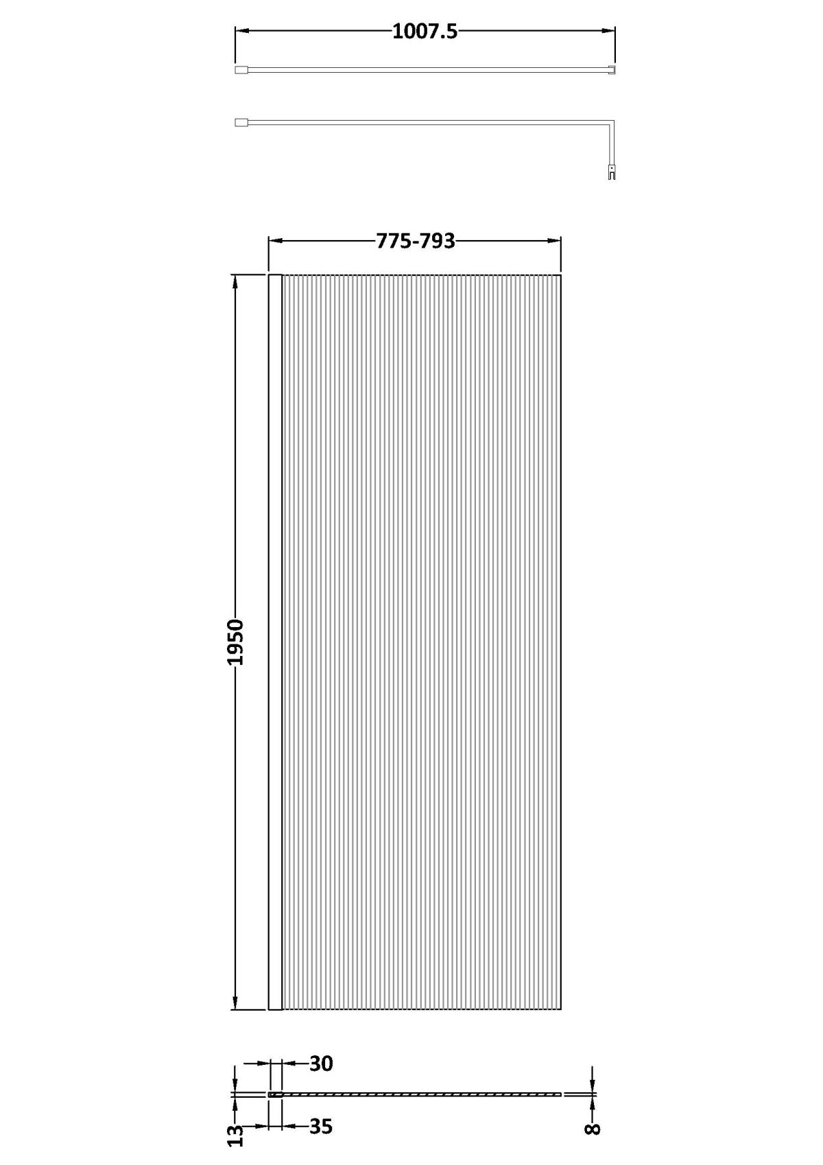 800mm Fluted Wetroom Screen with Support Bar - Image 2