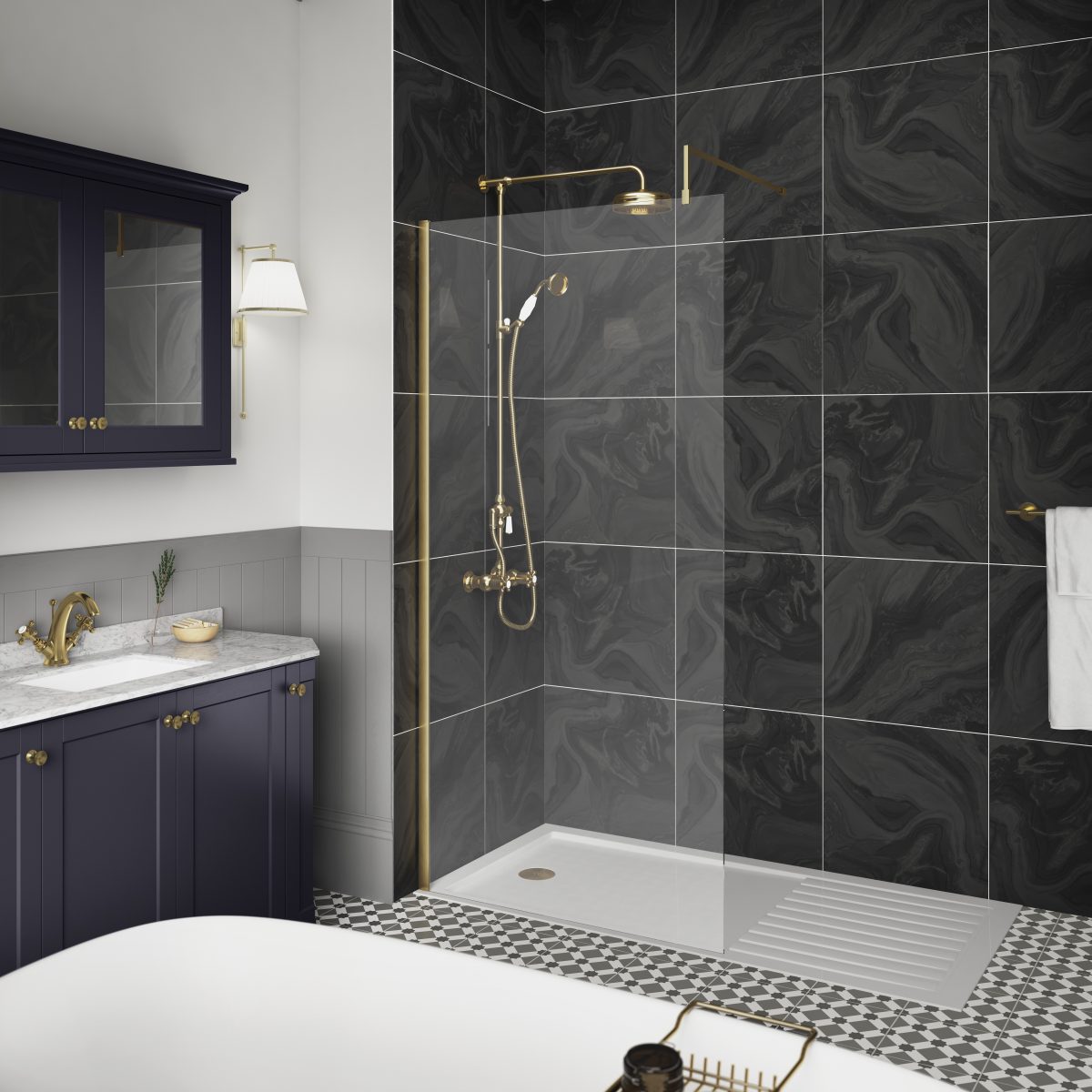 900mm Wetroom Screen With Brass Support Bar - Image 2