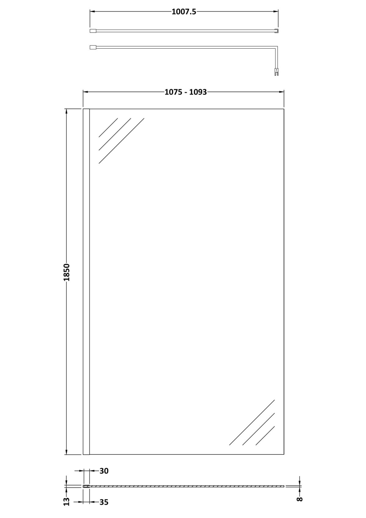 1100mm Wetroom Screen With Support Bar - Image 3