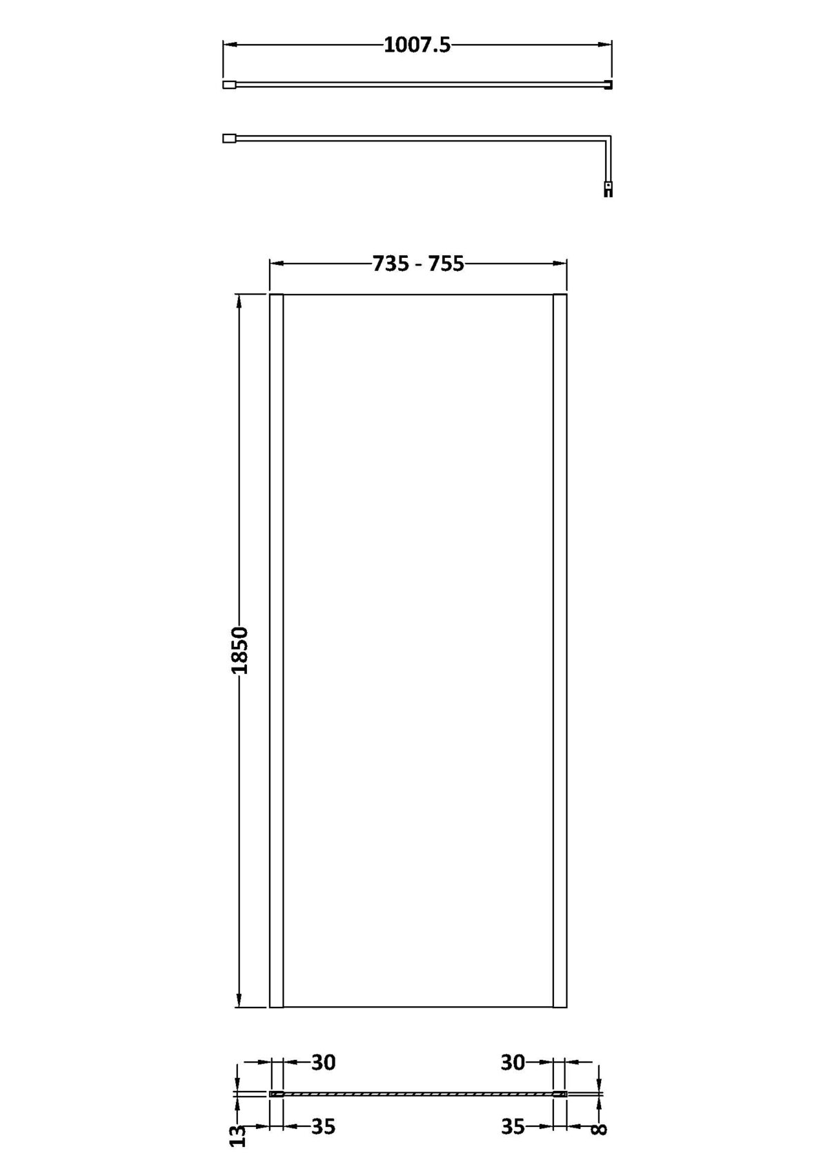 760mm Outer Framed Wetroom Screen with Support Bar - Image 3
