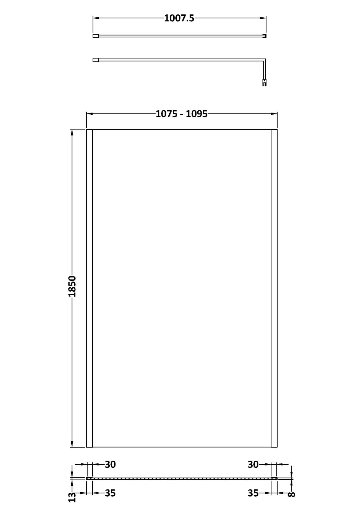 1100mm Outer Framed Wetroom Screen with Support Bar - Image 3