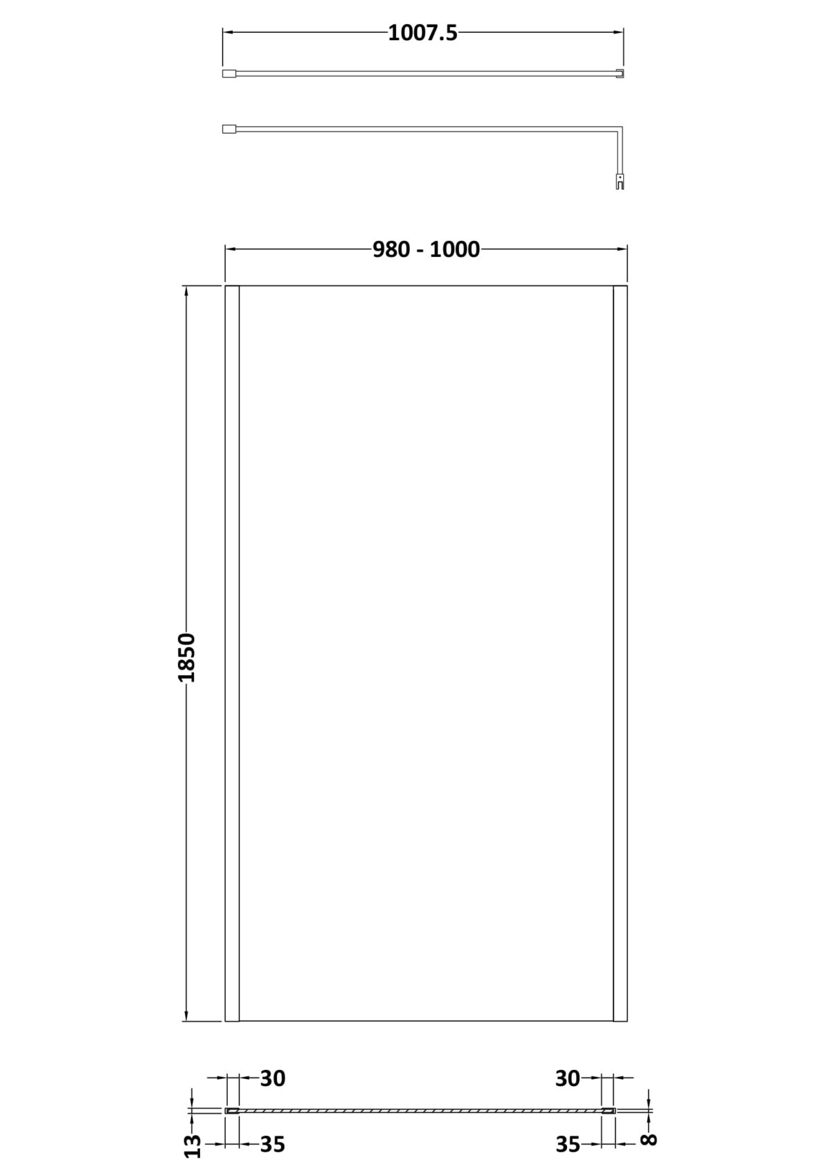 1000mm Wetroom Screen Outer Frame 1850x8mm - Brushed Pewter - Image 2