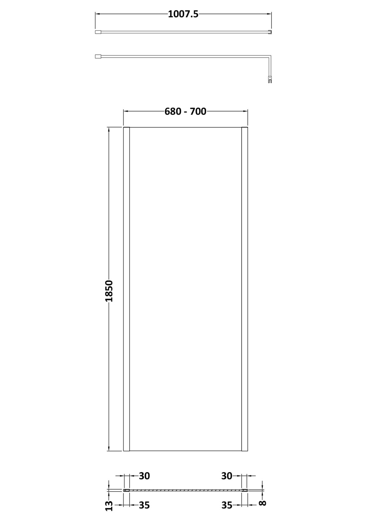 700mm Wetroom Screen Outer Frame 1850x8mm - Brushed Pewter - Image 2