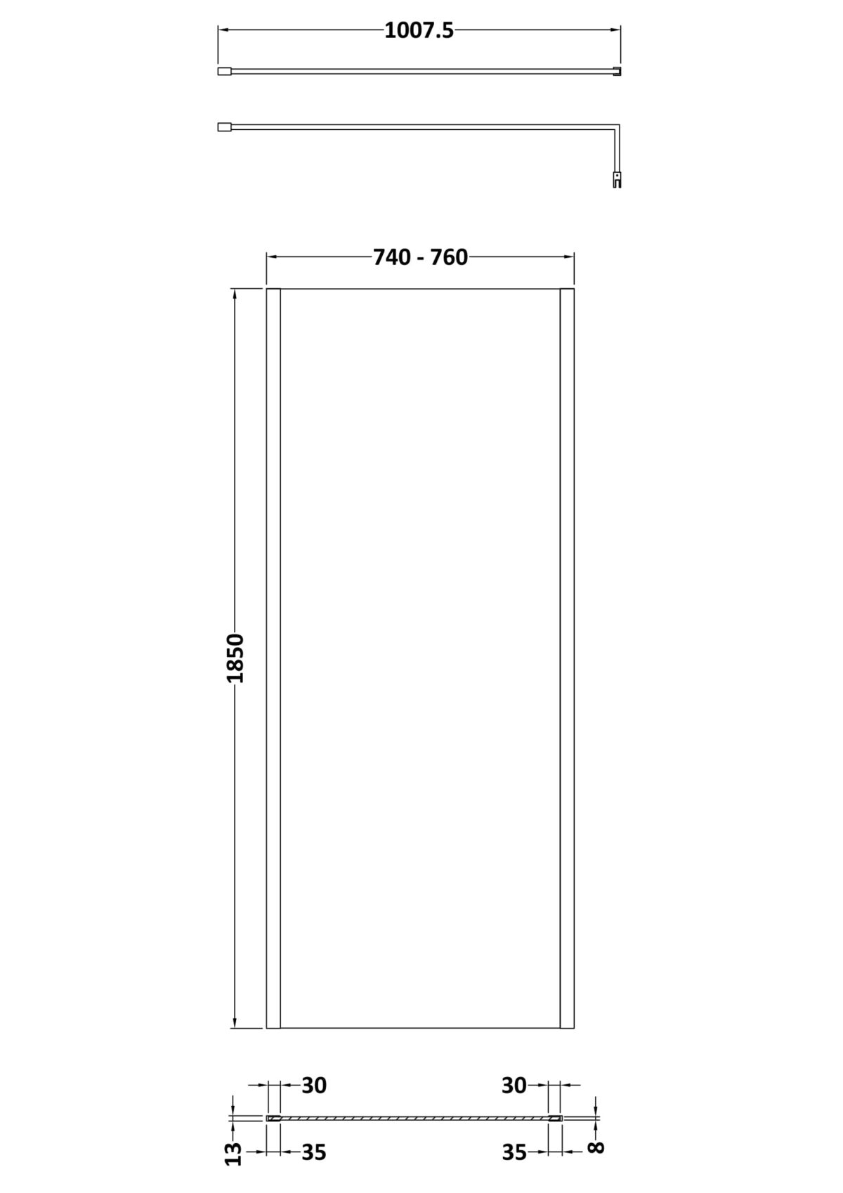 760mm Wetroom Screen Outer Frame 1850x8mm - Brushed Pewter - Image 2
